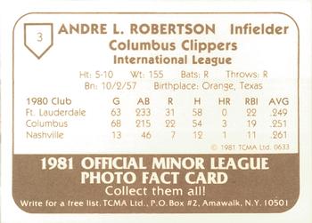 1981 TCMA Columbus Clippers #3 Andre Robertson Back