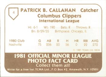 1981 TCMA Columbus Clippers #4 Pat Callahan Back