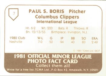 1981 TCMA Columbus Clippers #7 Paul Boris Back