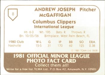 1981 TCMA Columbus Clippers #8 Andy McGaffigan Back