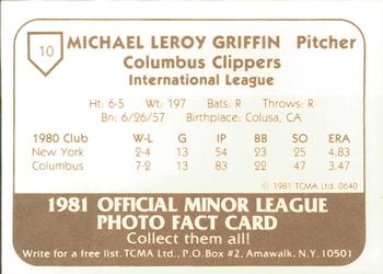 1981 TCMA Columbus Clippers #10 Mike Griffin Back
