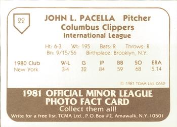 1981 TCMA Columbus Clippers #22 John Pacella Back