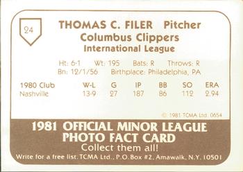 1981 TCMA Columbus Clippers #24 Tom Filer Back