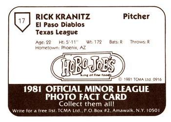 1981 TCMA El Paso Diablos #17 Rick Kranitz Back