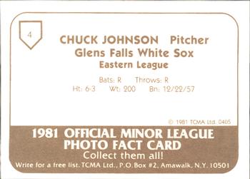 1981 TCMA Glens Falls White Sox #4 Chuck Johnson Back