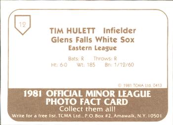 1981 TCMA Glens Falls White Sox #12 Tim Hulett Back