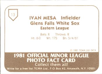 1981 TCMA Glens Falls White Sox #13 Ivan Mesa Back