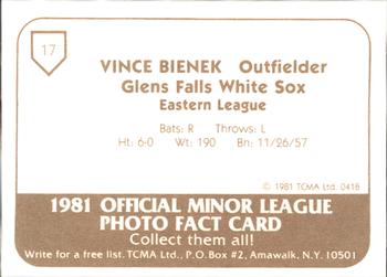1981 TCMA Glens Falls White Sox #17 Vince Bienek Back