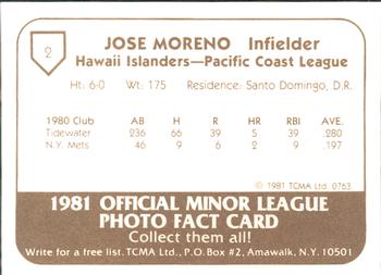 1981 TCMA Hawaii Islanders #2 Jose Moreno Back