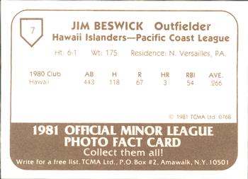 1981 TCMA Hawaii Islanders #7 Jim Beswick Back