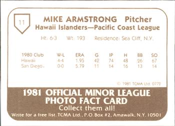1981 TCMA Hawaii Islanders #11 Mike Armstrong Back