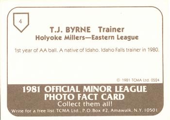 1981 TCMA Holyoke Millers #4 T.J. Byrne Back