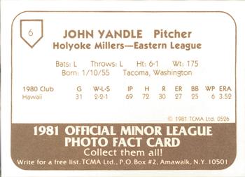 1981 TCMA Holyoke Millers #6 John Yandle Back