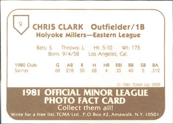 1981 TCMA Holyoke Millers #9 Chris Clark Back