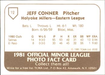 1981 TCMA Holyoke Millers #12 Jeff Conner Back