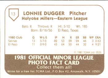 1981 TCMA Holyoke Millers #13 Lonnie Dugger Back