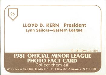 1981 TCMA Lynn Sailors #26b Lloyd D. Kern Back