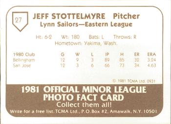 1981 TCMA Lynn Sailors #27 Jeff Stottlemyre Back