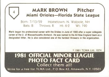 1981 TCMA Miami Orioles #4 Mark Brown Back