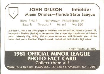 1981 TCMA Miami Orioles #7 John DeLeon Back
