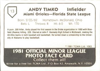 1981 TCMA Miami Orioles #13 Andy Timko Back