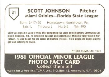 1981 TCMA Miami Orioles #21 Scott Johnson Back