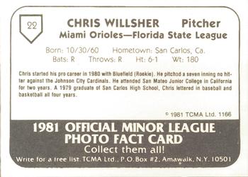 1981 TCMA Miami Orioles #22 Chris Willsher Back