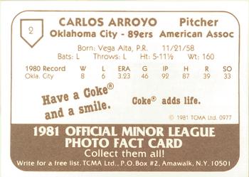 1981 TCMA Oklahoma City 89ers #2 Carlos Arroyo Back