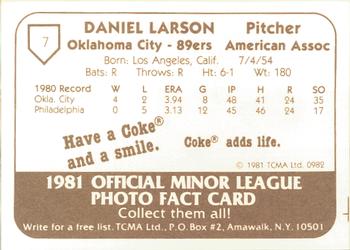 1981 TCMA Oklahoma City 89ers #7 Dan Larson Back
