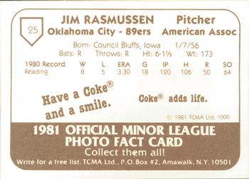 1981 TCMA Oklahoma City 89ers #25 Jim Rasmussen Back