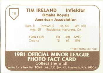 1981 TCMA Omaha Royals #18 Tim Ireland Back