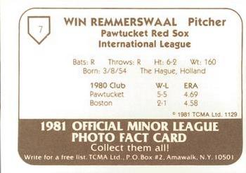 1981 TCMA Pawtucket Red Sox #7 Win Remmerswaal Back