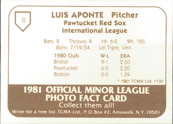 1981 TCMA Pawtucket Red Sox #8 Luis Aponte Back
