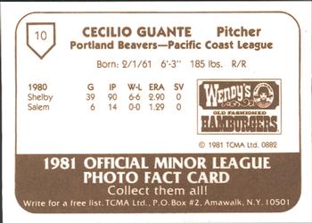 1981 TCMA Portland Beavers #10 Cecilio Guante Back