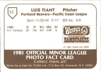 1981 TCMA Portland Beavers #23 Luis Tiant Back