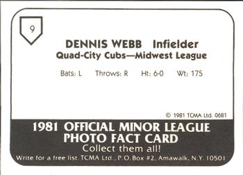1981 TCMA Quad City Cubs #9 Dennis Webb Back