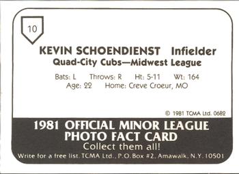 1981 TCMA Quad City Cubs #10 Kevin Schoendienst Back