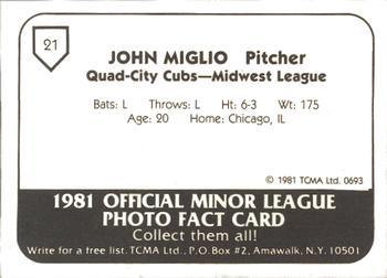 1981 TCMA Quad City Cubs #21 John Miglio Back
