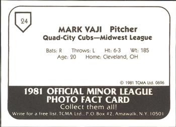 1981 TCMA Quad City Cubs #24 Mark Vaji Back