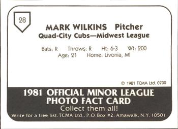 1981 TCMA Quad City Cubs #28 Mark Wilkins Back
