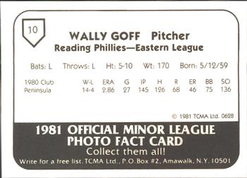1981 TCMA Reading Phillies #10 Wally Goff Back