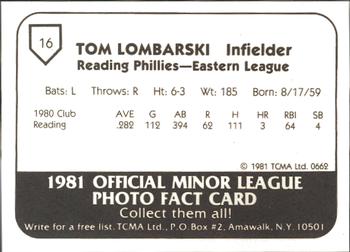 1981 TCMA Reading Phillies #16 Tom Lombarski Back