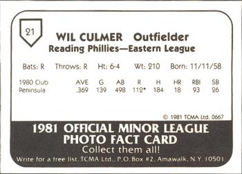 1981 TCMA Reading Phillies #21 Wil Culmer Back