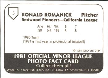 1981 TCMA Redwood Pioneers #5 Ron Romanick Back
