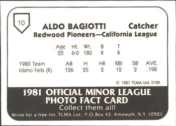1981 TCMA Redwood Pioneers #10 Aldo Bagiotti Back