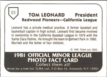 1981 TCMA Redwood Pioneers #23 Tom Leonard Back