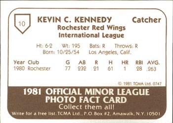 1981 TCMA Rochester Red Wings #10 Kevin Kennedy Back