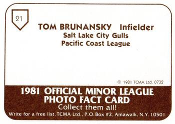 1981 TCMA Salt Lake City Gulls #21 Tom Brunansky Back