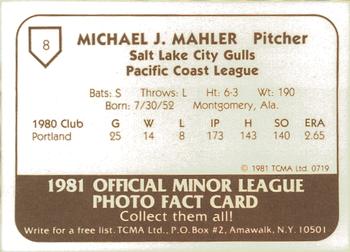 1981 TCMA Salt Lake City Gulls #8 Mike Mahler Back
