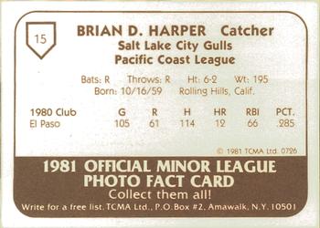 1981 TCMA Salt Lake City Gulls #15 Brian Harper Back